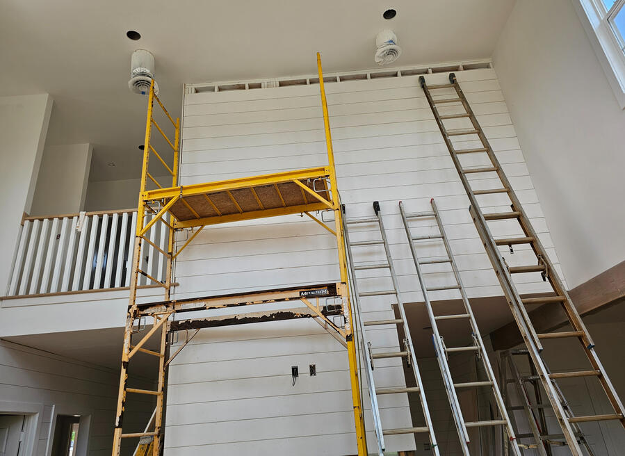 shiplap walls, stair rail